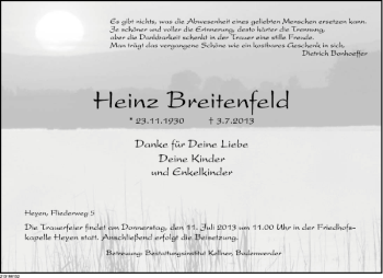Traueranzeige von Heinz Breitenfeld von Deister- und Weserzeitung