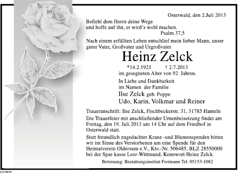  Traueranzeige für Heinz Zelck vom 13.07.2013 aus Deister- und Weserzeitung