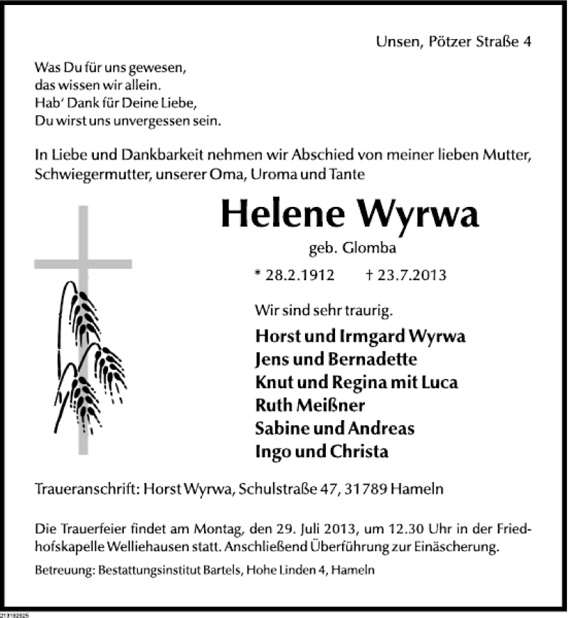  Traueranzeige für Helene Wyrwa vom 25.07.2013 aus Deister- und Weserzeitung