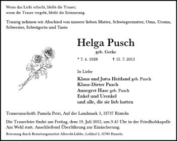 Traueranzeige von Helga Pusch von Deister- und Weserzeitung