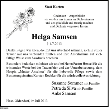 Traueranzeige von Helga Samsen von Deister- und Weserzeitung