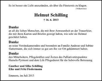Traueranzeige von Helmut Schilling von Deister- und Weserzeitung