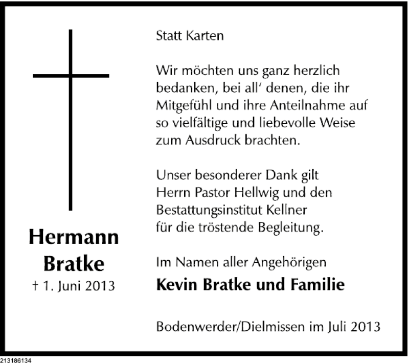  Traueranzeige für Hermann Bratke vom 06.07.2013 aus Deister- und Weserzeitung