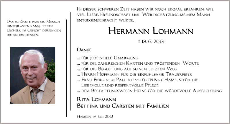  Traueranzeige für Hermann Lohmann vom 20.07.2013 aus Deister- und Weserzeitung