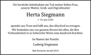 Traueranzeige von Herta Siegmann von Deister- und Weserzeitung