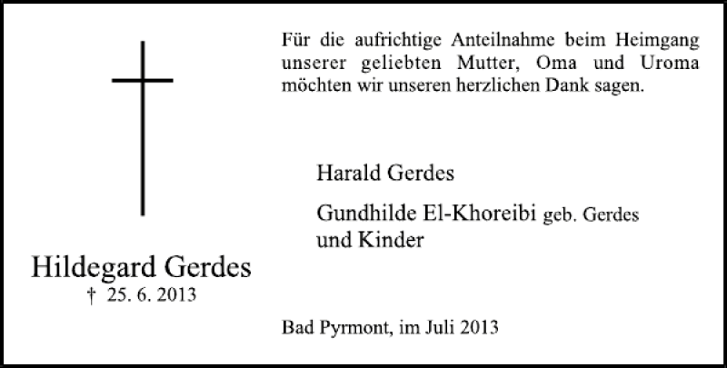  Traueranzeige für Hildegard Gerdes vom 17.07.2013 aus Deister- und Weserzeitung