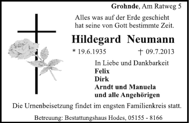 Traueranzeige für Hildegard Neumann vom 12.07.2013 aus Deister- und Weserzeitung