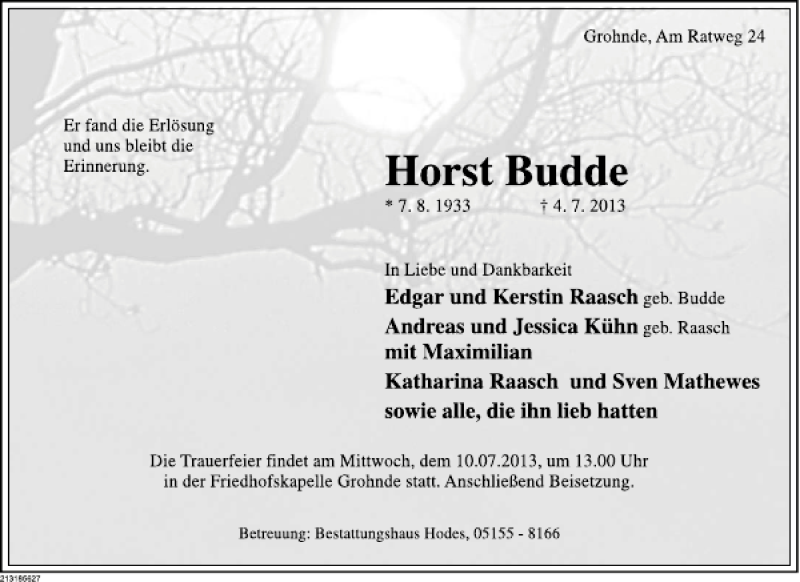  Traueranzeige für Horst Budde vom 05.07.2013 aus Deister- und Weserzeitung