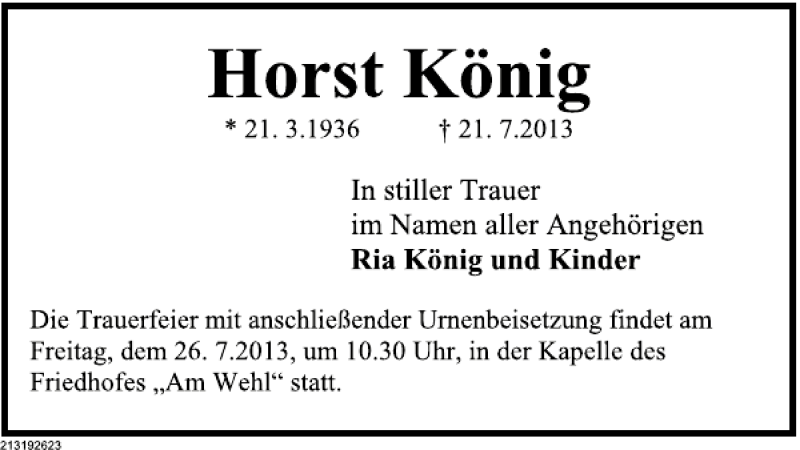  Traueranzeige für Horst König vom 24.07.2013 aus Deister- und Weserzeitung