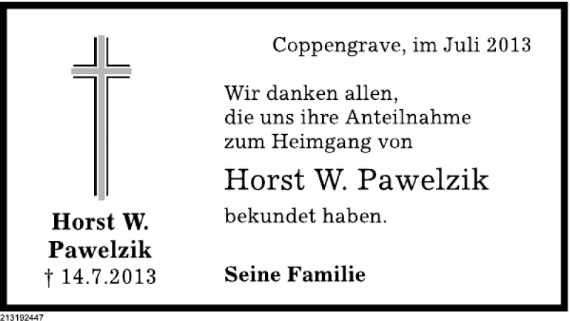  Traueranzeige für Horst W. Pawelzik vom 27.07.2013 aus Deister- und Weserzeitung