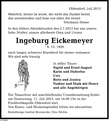 Traueranzeige von Ingeburg Eickemeyer von Deister- und Weserzeitung