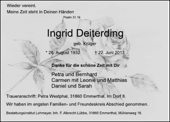 Traueranzeige von Ingrid Deiterding von Deister- und Weserzeitung