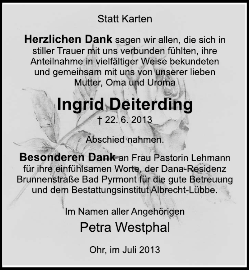  Traueranzeige für Ingrid Deiterding vom 20.07.2013 aus Deister- und Weserzeitung