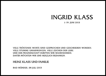 Traueranzeige von Ingrid Klaas von Deister- und Weserzeitung