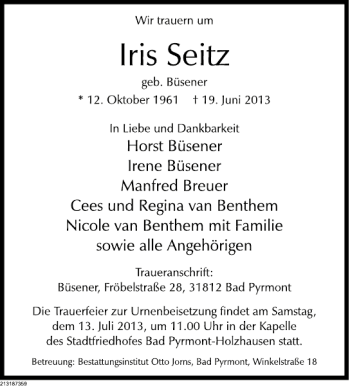 Traueranzeige von Iris Seitz von Deister- und Weserzeitung