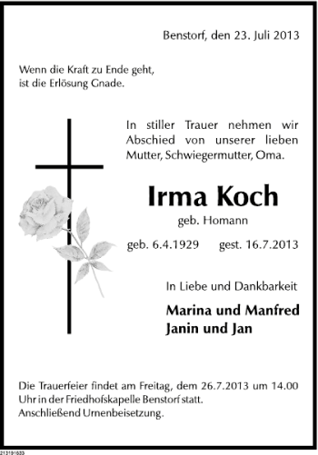 Traueranzeige von Irma Koch von Deister- und Weserzeitung