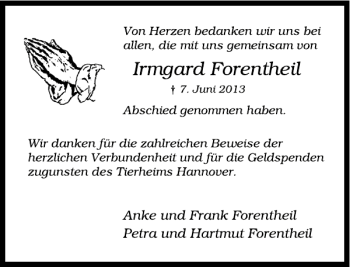 Traueranzeige von Irmgard Forentheil von Deister- und Weserzeitung