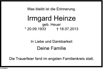 Traueranzeige von Irmgard Heinze von Deister- und Weserzeitung