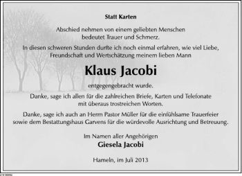 Traueranzeige von Jacobi Danksagung von Deister- und Weserzeitung