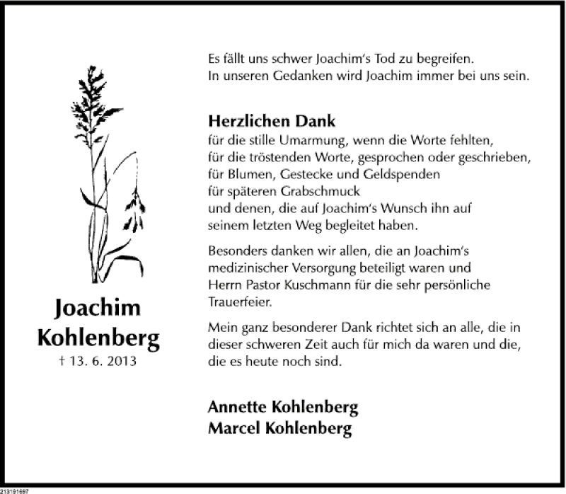  Traueranzeige für Joachim Kohlenberg vom 20.07.2013 aus Deister- und Weserzeitung