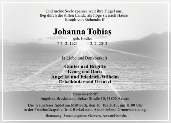 Traueranzeige von Johanna Tobias von Deister- und Weserzeitung