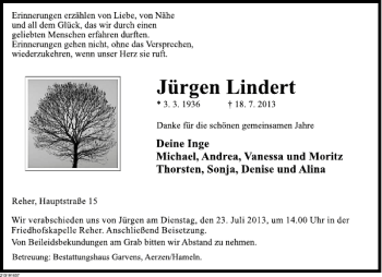 Traueranzeige von Jürgen Lindert von Deister- und Weserzeitung