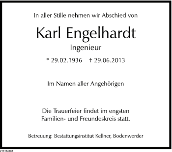 Traueranzeige von Karl Engelhardt von Deister- und Weserzeitung