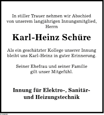 Traueranzeige von Karl-Heinz Schüre von Deister- und Weserzeitung