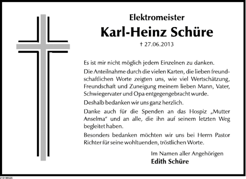  Traueranzeige für Karl-Heinz Schüre vom 20.07.2013 aus Deister- und Weserzeitung