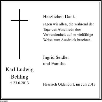 Traueranzeige von Karl Ludwig Behling von Deister- und Weserzeitung