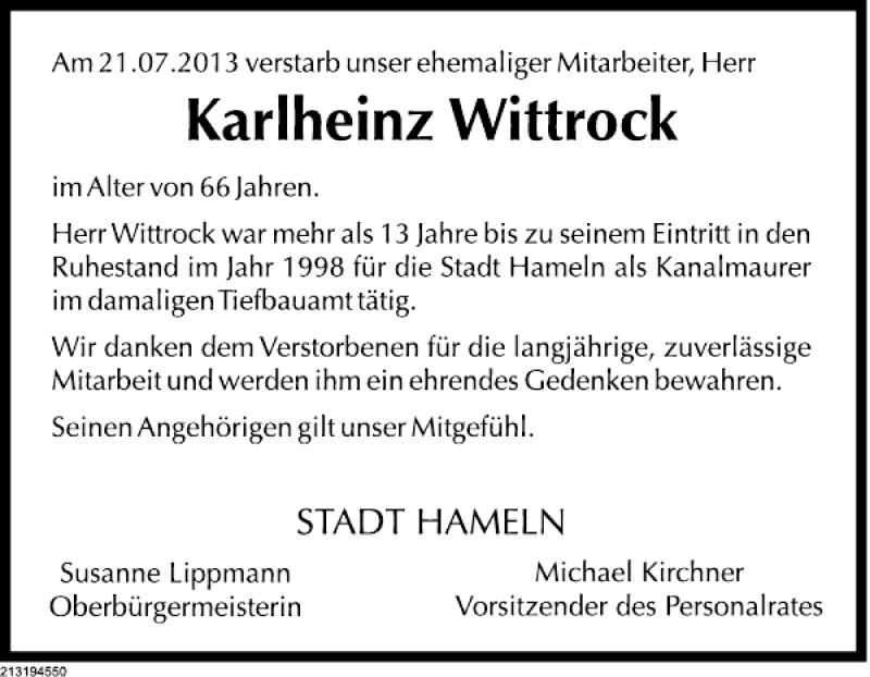  Traueranzeige für Karlheinz Wittrock vom 30.07.2013 aus Deister- und Weserzeitung