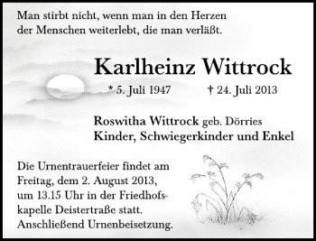 Traueranzeige von Karlheinz Wittrock von Deister- und Weserzeitung