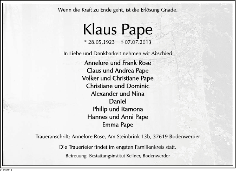  Traueranzeige für Klaus Pape vom 11.07.2013 aus Deister- und Weserzeitung