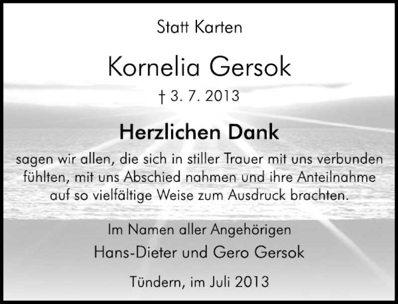  Traueranzeige für Kornelia Gersok vom 27.07.2013 aus Deister- und Weserzeitung