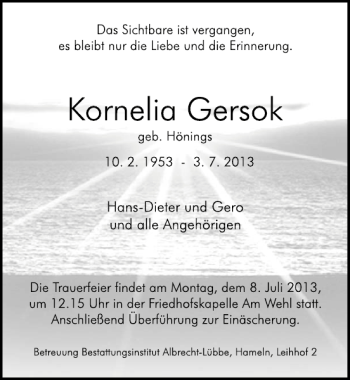 Traueranzeige von Kornelia Gersok von Deister- und Weserzeitung