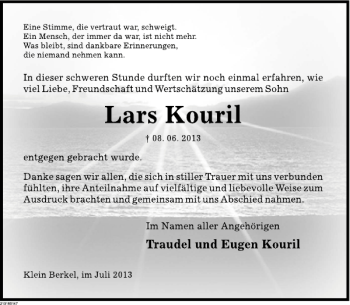 Traueranzeige von Lars Kouril von Deister- und Weserzeitung