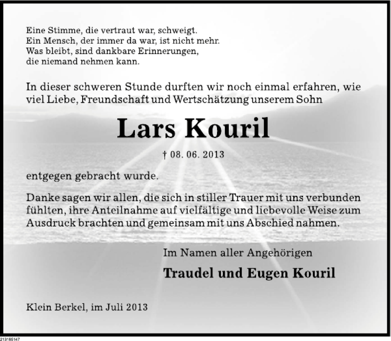  Traueranzeige für Lars Kouril vom 06.07.2013 aus Deister- und Weserzeitung
