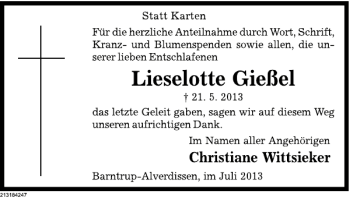 Traueranzeige von Lieselotte Gießel von Deister- und Weserzeitung