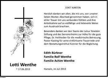 Traueranzeige von Lotti Wenthe von Deister- und Weserzeitung