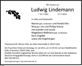 Traueranzeige von Ludwig Lindemann von Deister- und Weserzeitung