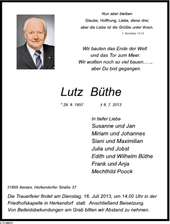 Traueranzeige von Lutz Büthe von Deister- und Weserzeitung