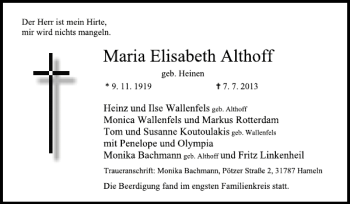 Traueranzeige von Maria Althoff von Deister- und Weserzeitung