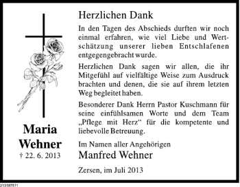 Traueranzeige von Maria Wehner von Deister- und Weserzeitung