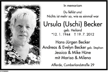 Traueranzeige von Memorian Ursula Becker von Deister- und Weserzeitung