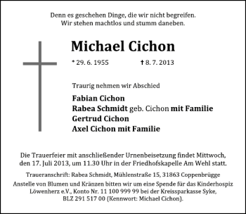 Traueranzeige von Michael Cichon von Deister- und Weserzeitung
