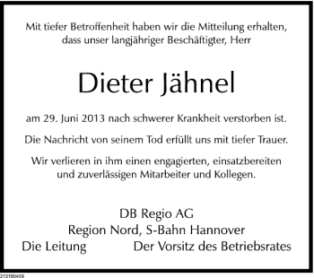 Traueranzeige von Nachruf Dieter Jähnel von Deister- und Weserzeitung