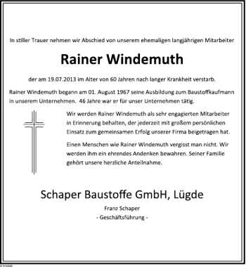 Traueranzeige von Nachruf Rainer Windemuth von Deister- und Weserzeitung