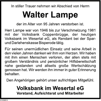 Traueranzeige von Nachruf Walter Lampe von Deister- und Weserzeitung