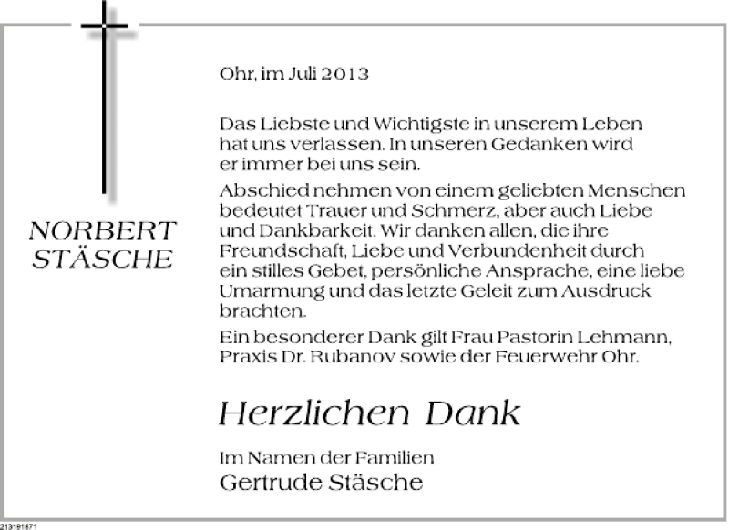  Traueranzeige für Norbert Stäsche vom 27.07.2013 aus Deister- und Weserzeitung
