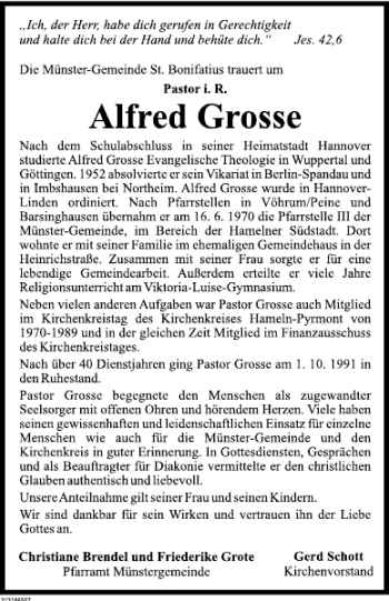 Traueranzeige von P.Grosse  von Deister- und Weserzeitung